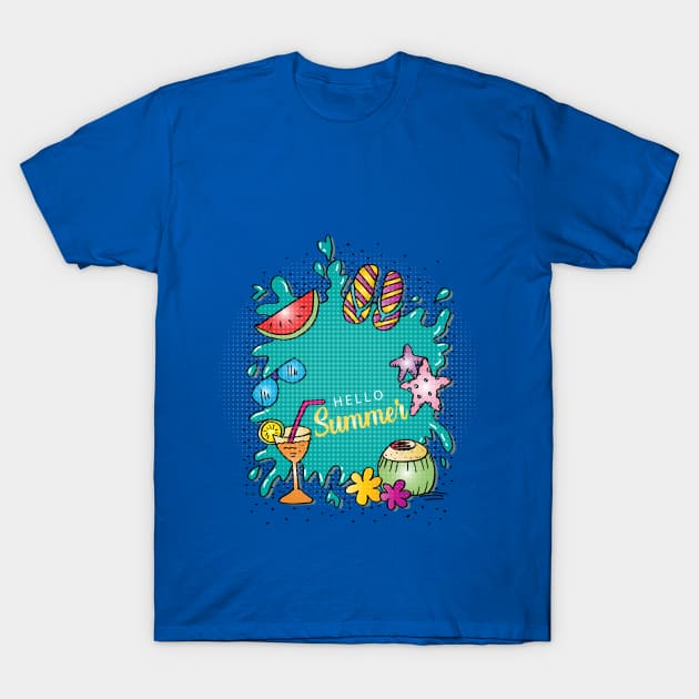 Summer banner concept. Hand drawn hello summer background T-Shirt by Handini _Atmodiwiryo